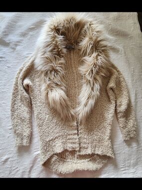 Guess Cream Faux Fur Collar Open Cardigan